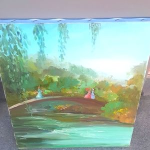 FAB Ladies Bridg Red Parasol Cottage Garden Oil Painting River Nature path 16x20